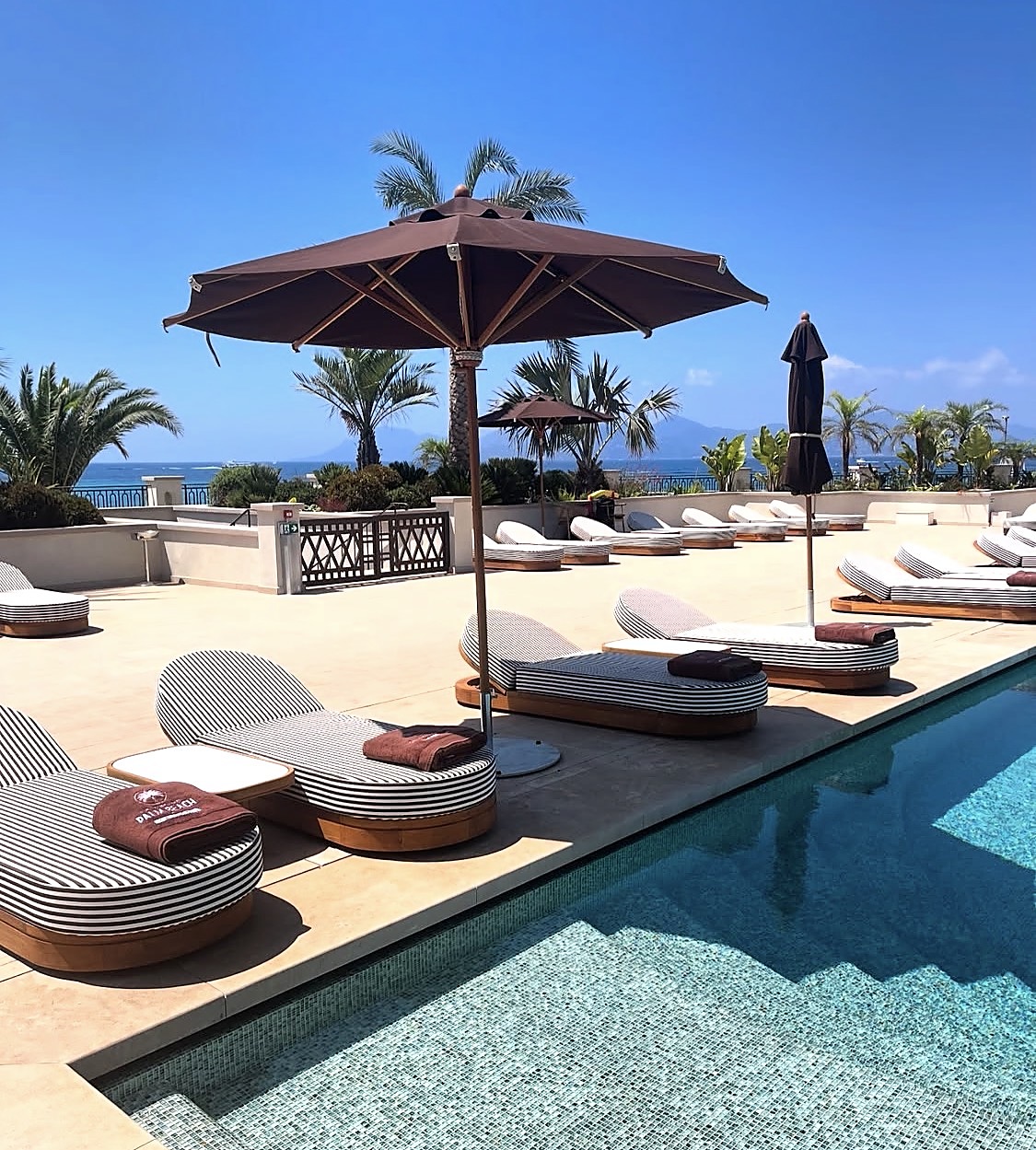 Striped day beds and palm trees at the Palm Beach pool