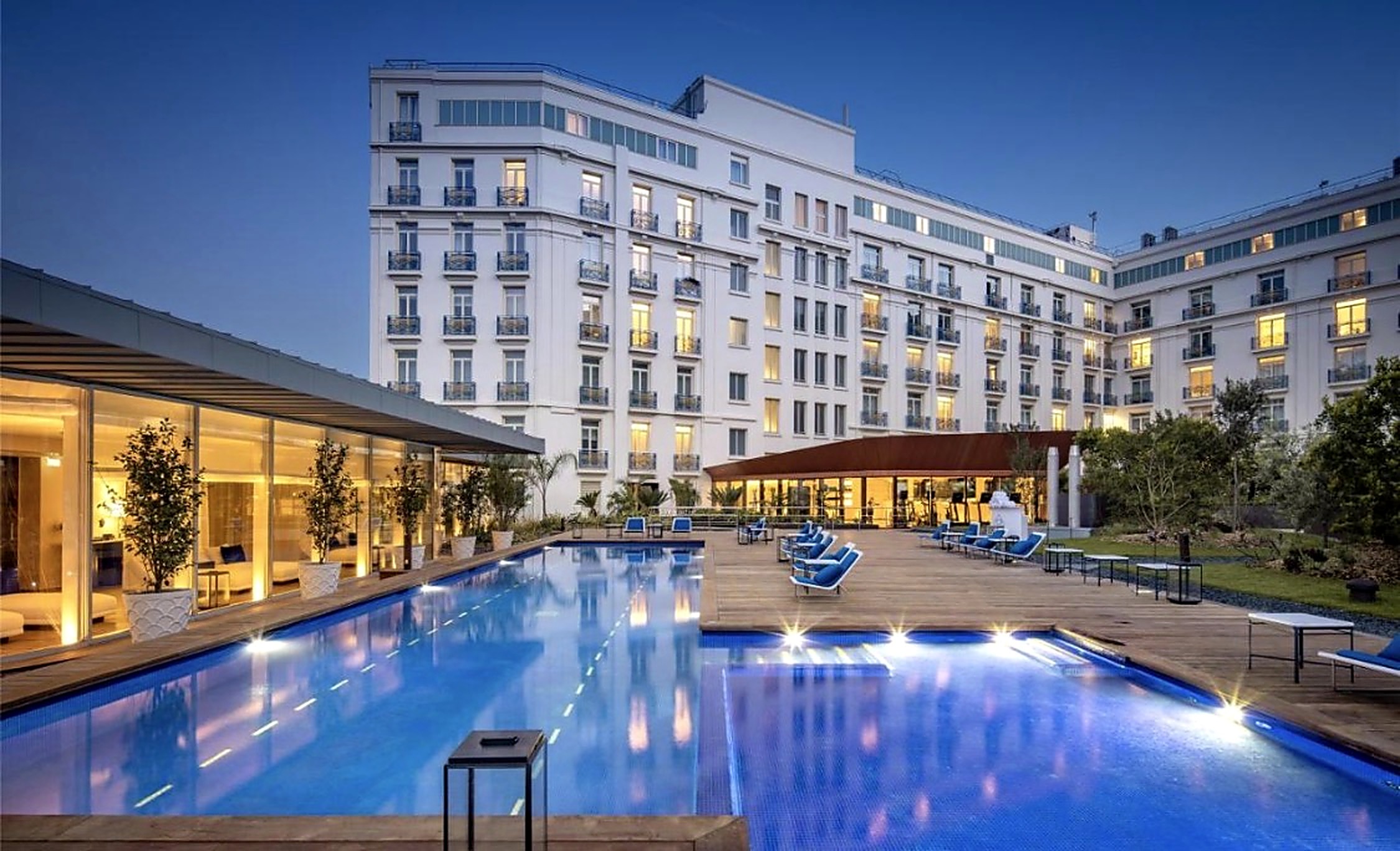 Heated outdoor pool of the palace at dusk
