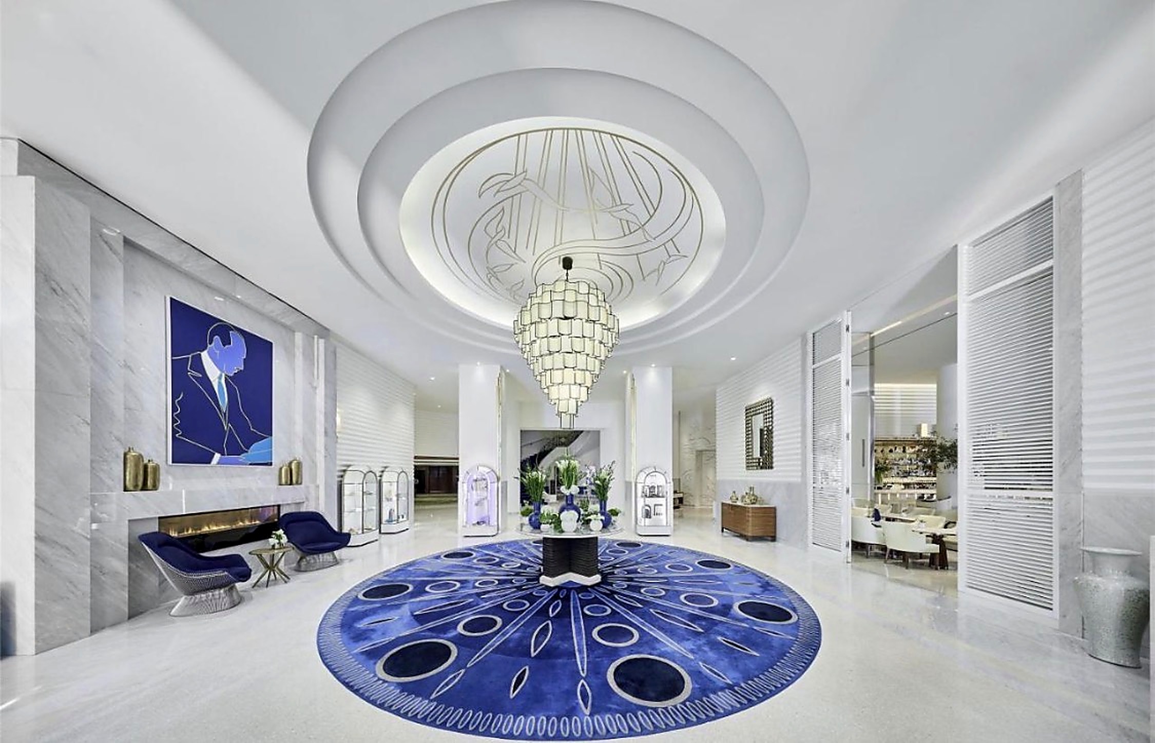 Art Deco lobby with crystal chandelier